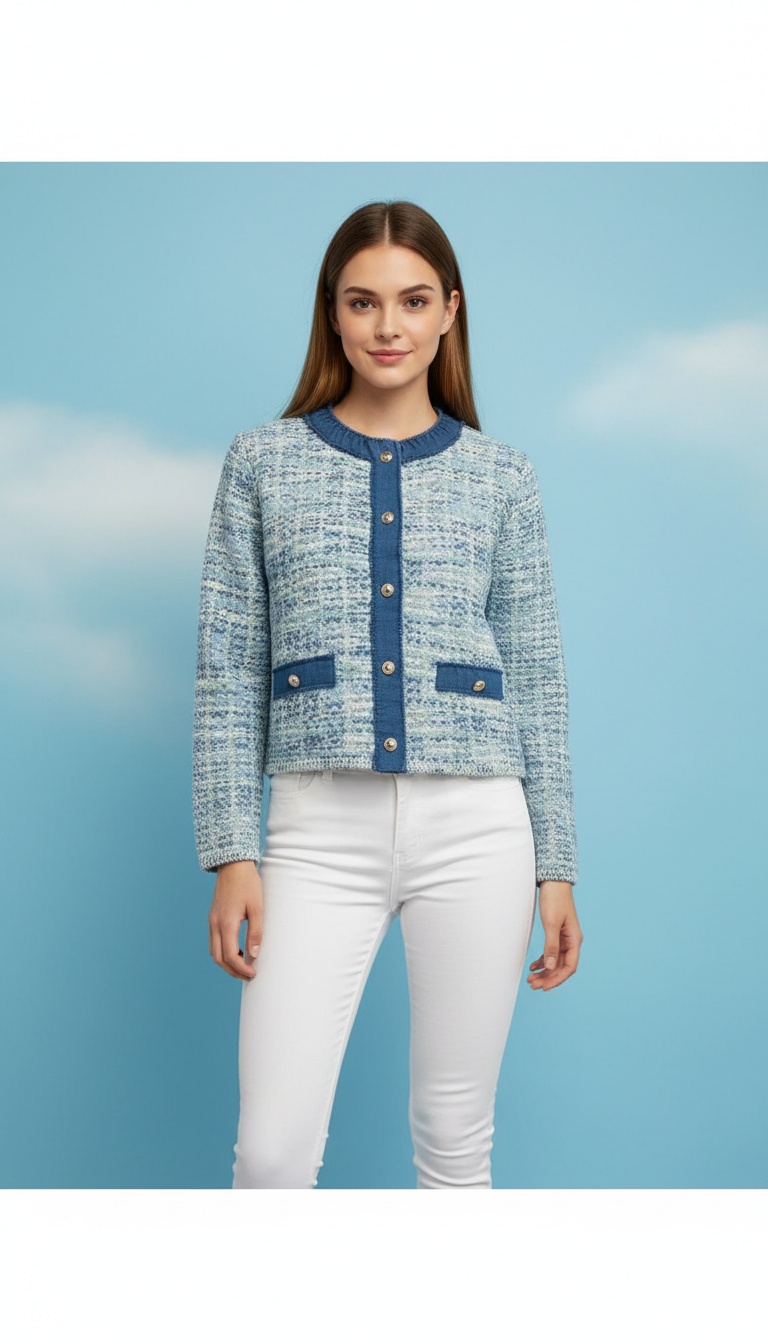 “Chaqueta tipo tweed azul con ribetes en contraste – elegancia moderna”
