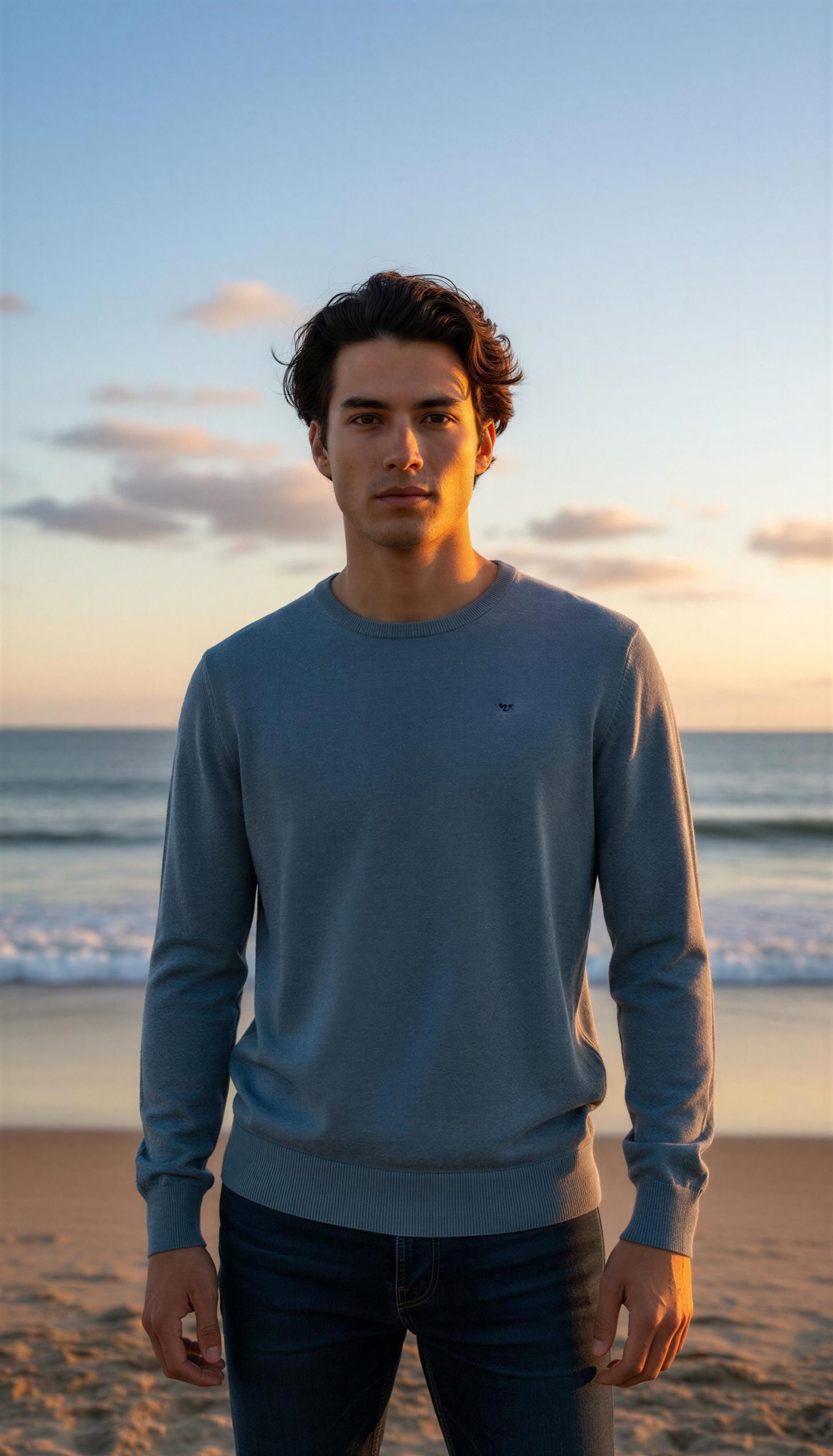 “Jersey Silbon azul hombre de punto fino con cuello redondo y corte regular”