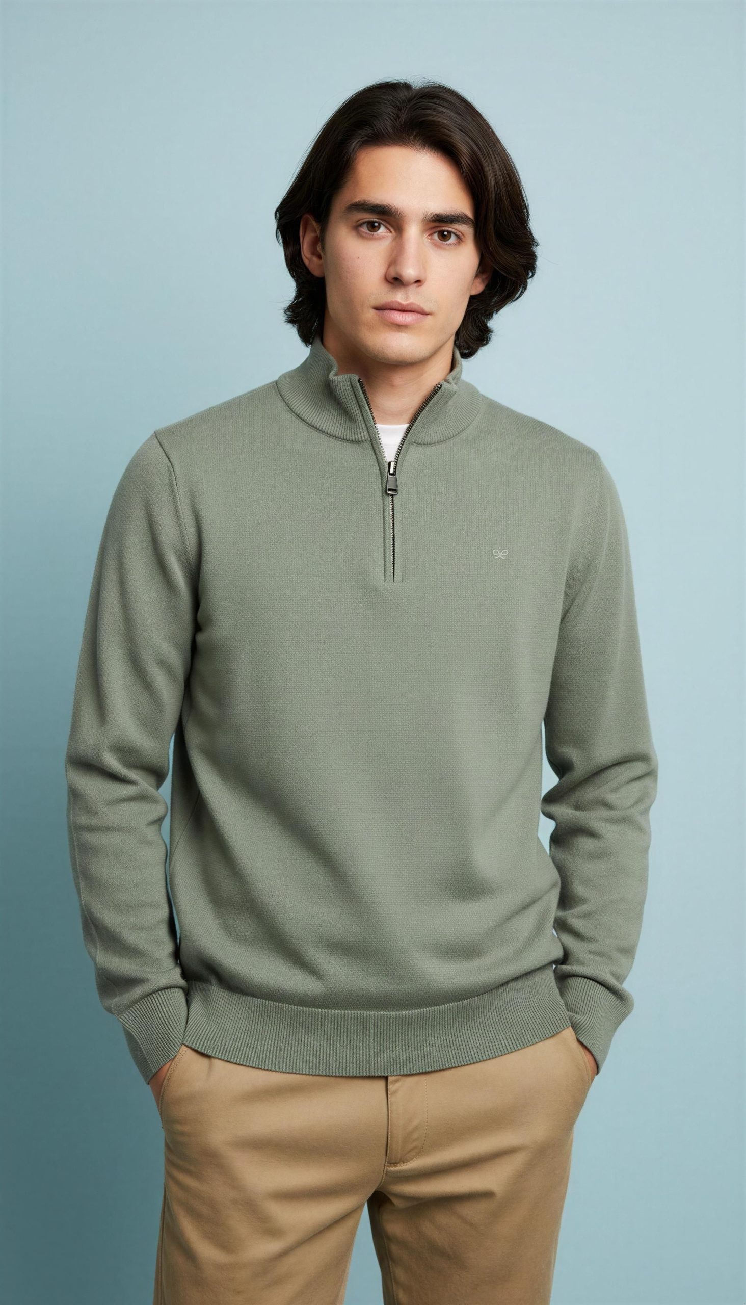 “Jersey Silbon en tono verde, tejido de punto, cuello con cremallera y corte regular”