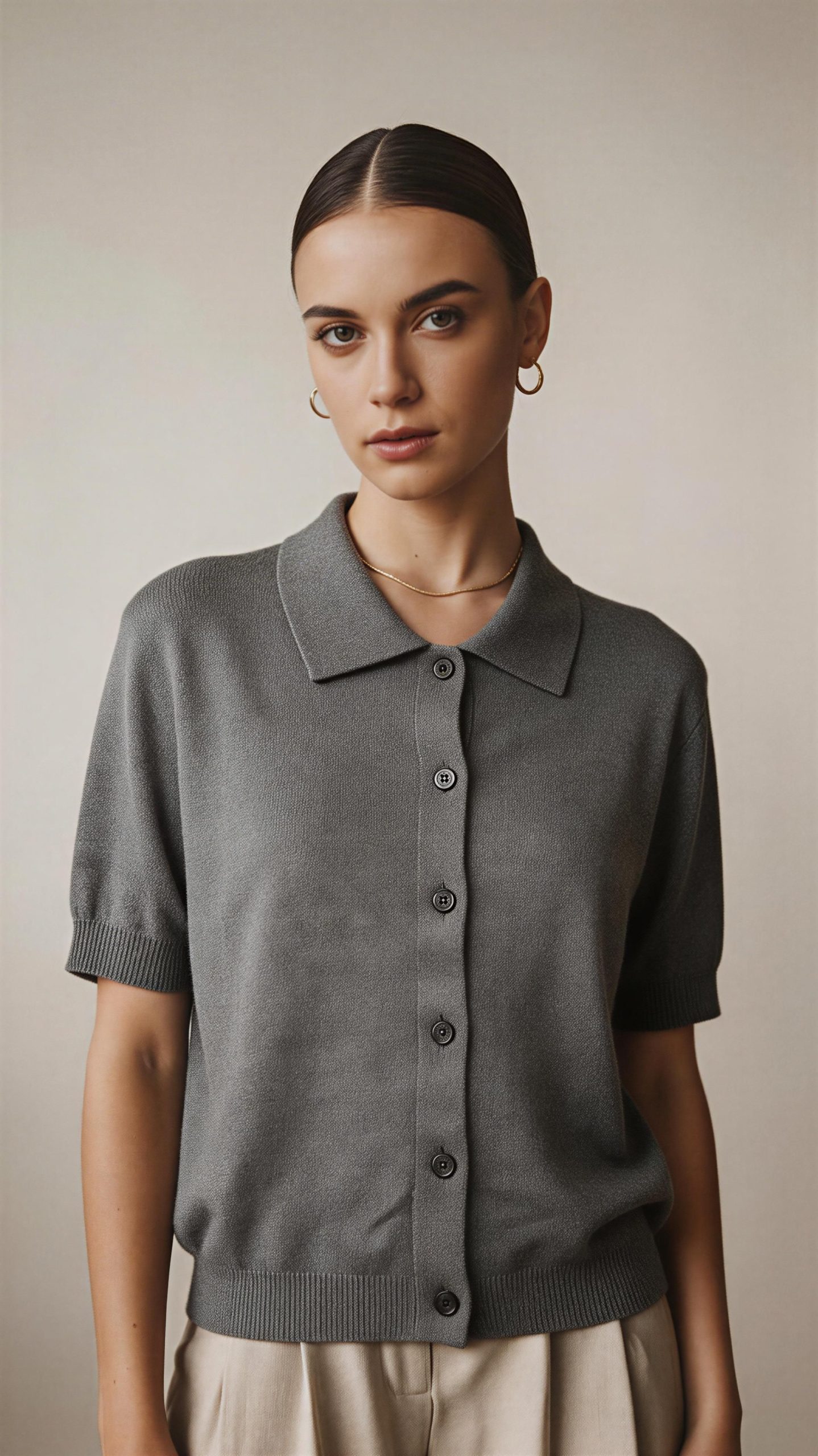 “Polo Ecoalf en tono gris, manga corta, cuello clásico y botonadura frontal”