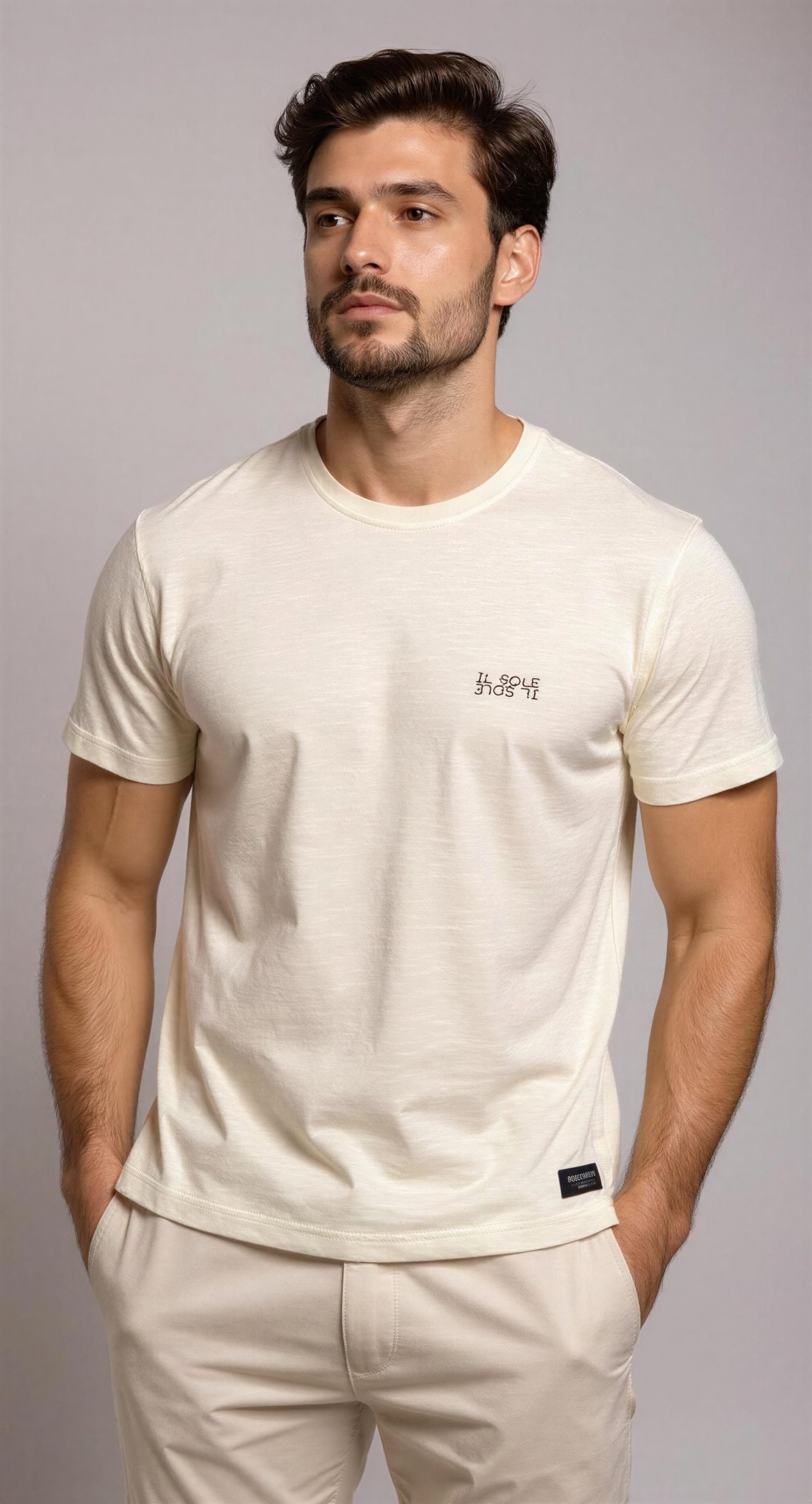 “Camiseta beige hombre de algodón con logo discreto y corte regular