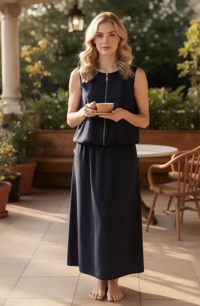 “Conjunto azul marino minimalista: chaleco estructurado y falda midi fluida”