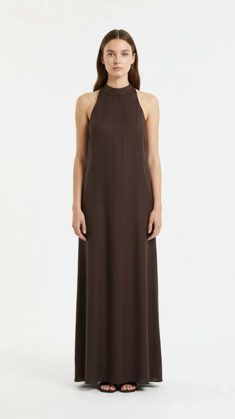 Vestido Largo Halter de Lino Chocolate