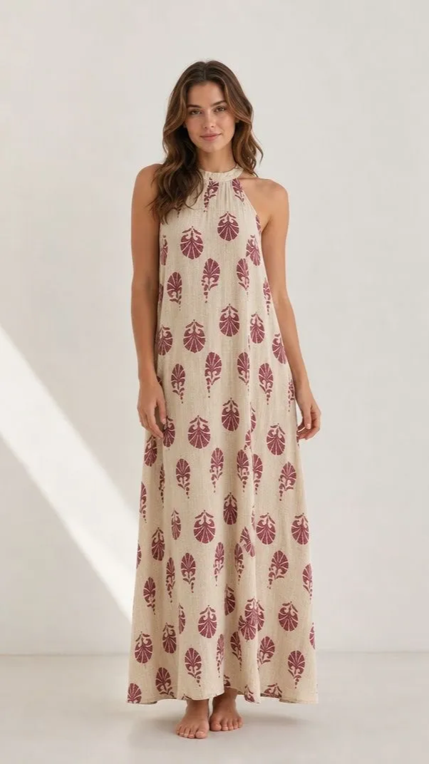 Vestido Maxi Estampado Étnico Burdeos
