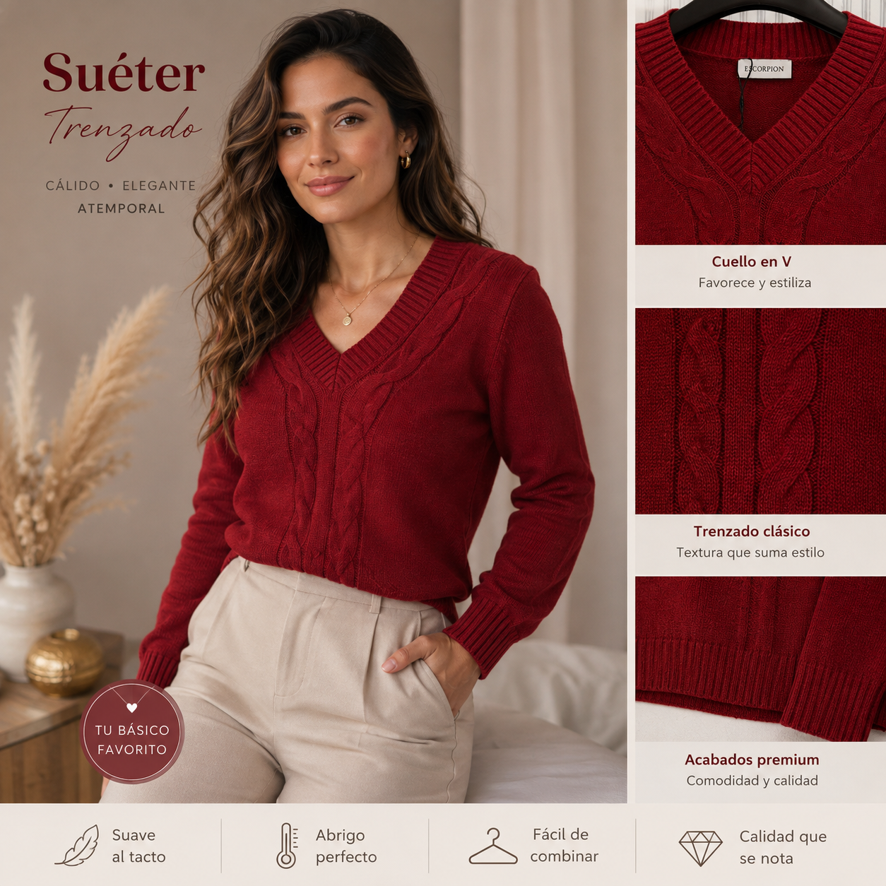 Jersey Trenzado Escote V Rojo de escorpion - Imagen 2