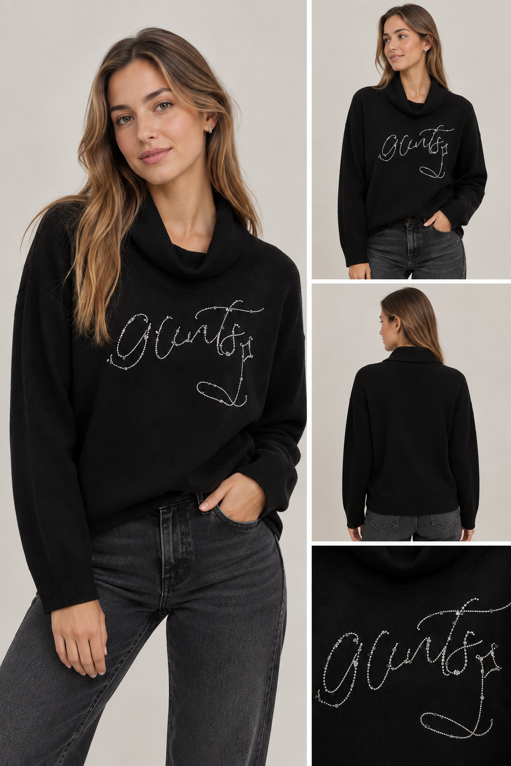 Jersey Mujer Trípode Negro Cuello Alto con Strass - Imagen 2