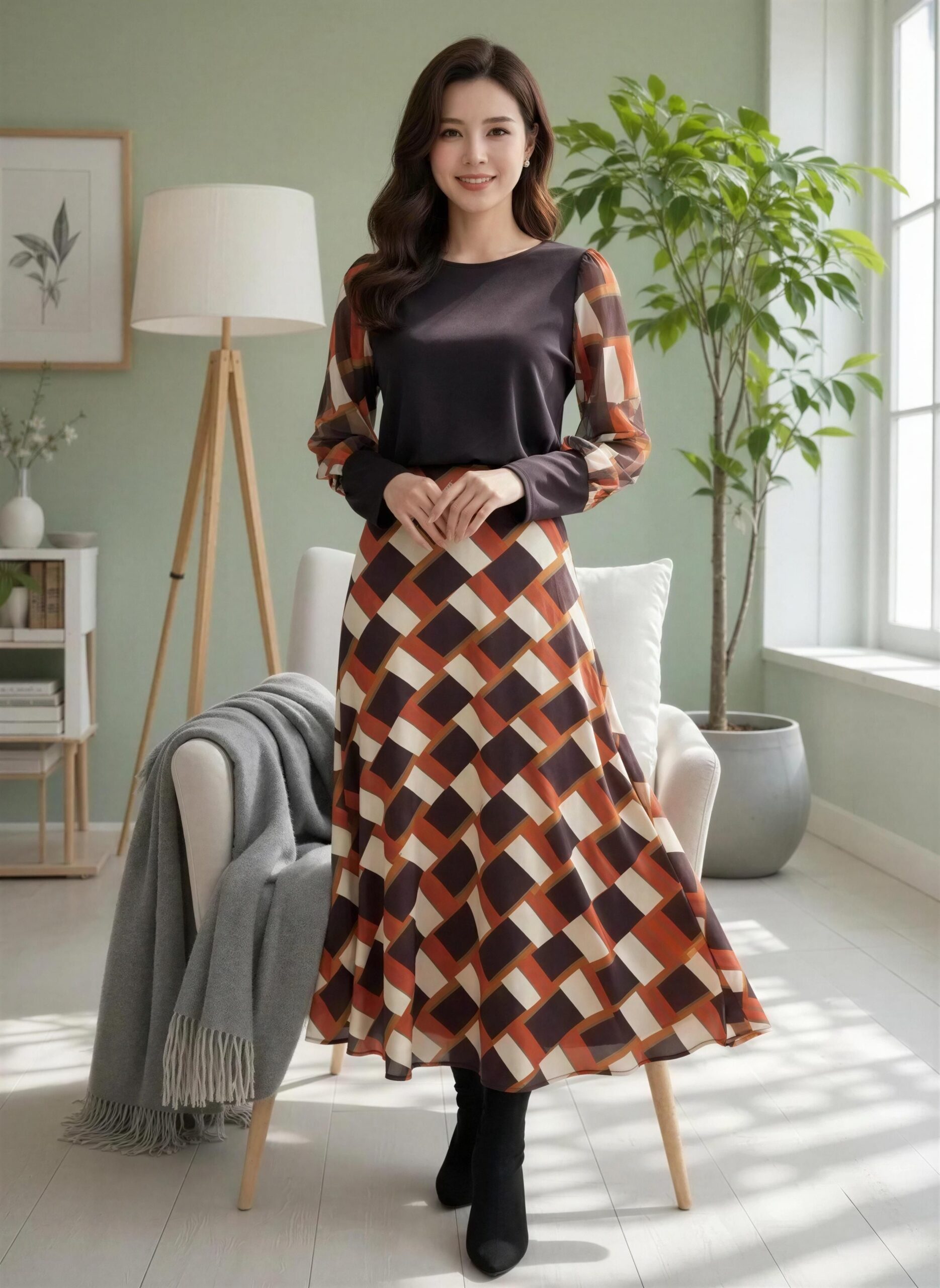 Conjunto Kamis Marrón con Falda Geométrica
