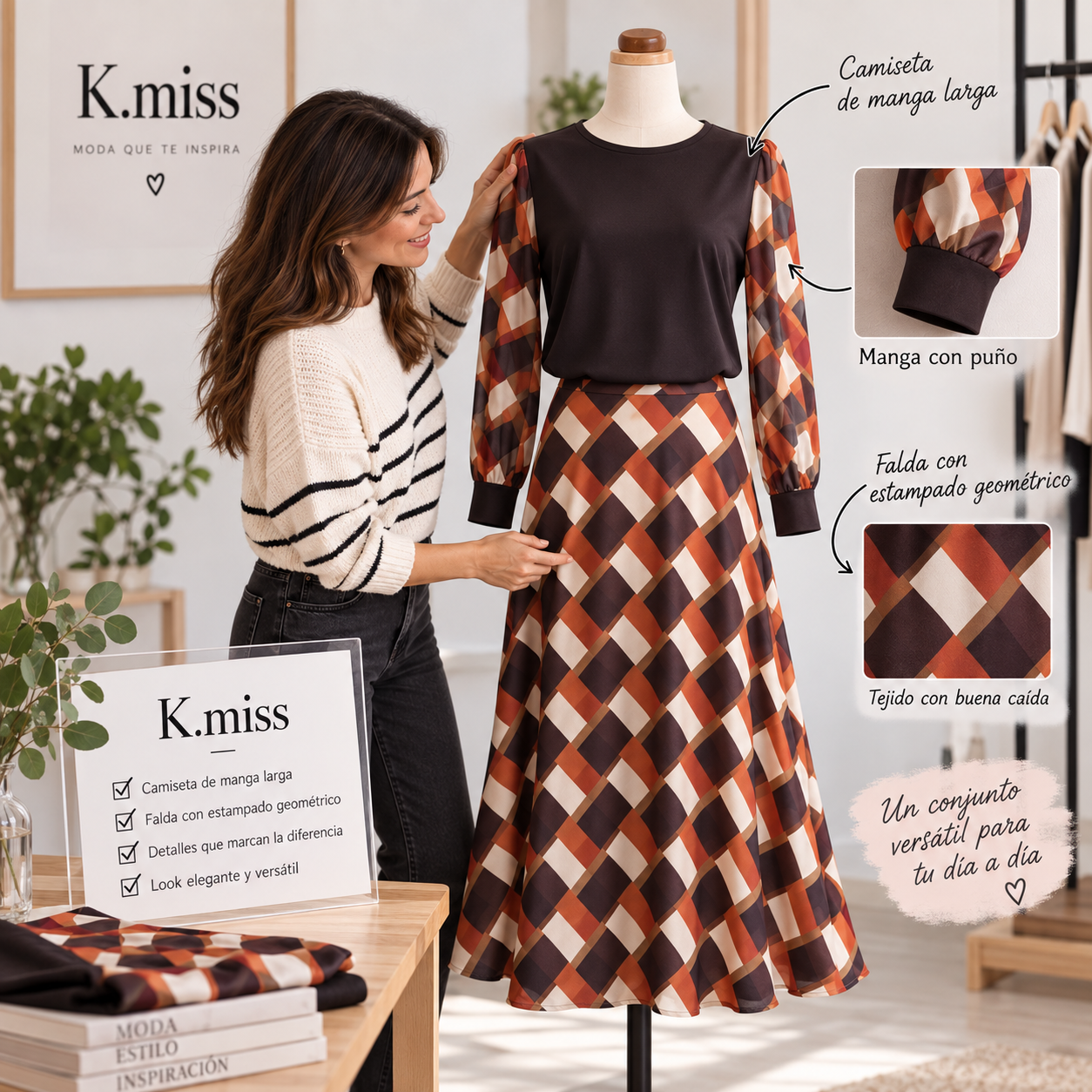 Conjunto Kamis Marrón con Falda Geométrica - Imagen 2