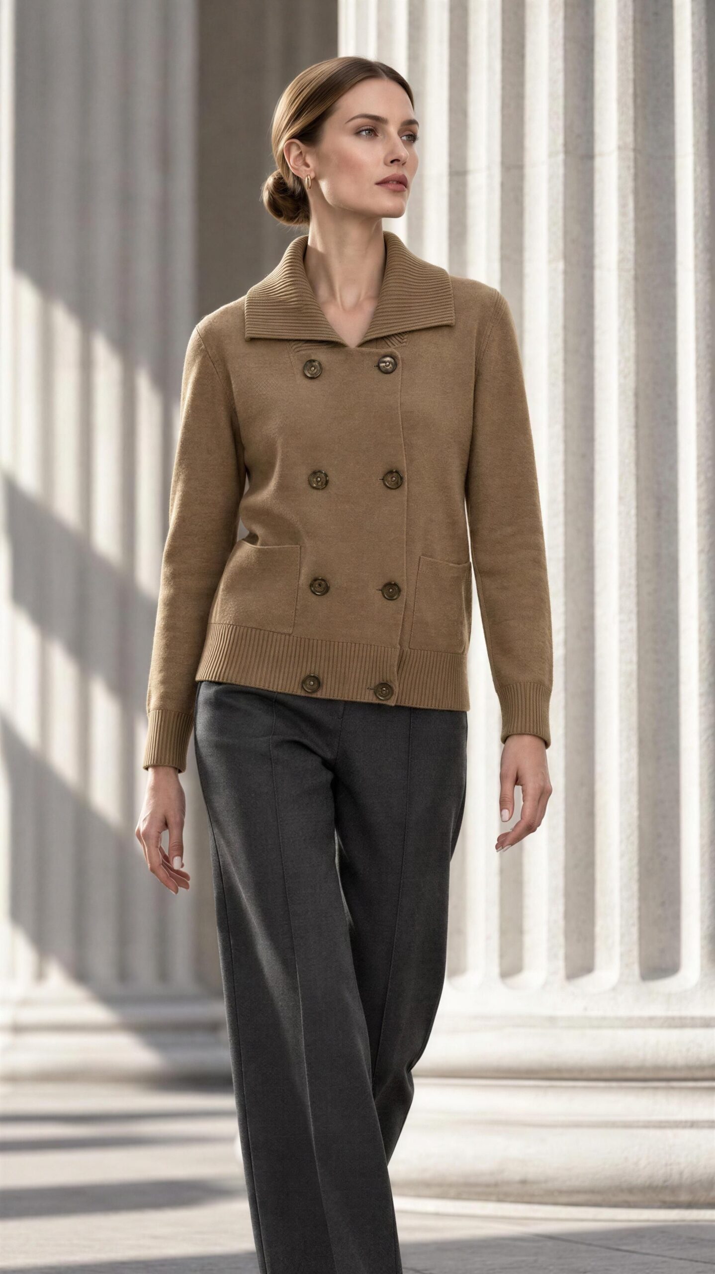 Chaqueta MARKUP de Punto Camel con Doble Botonadura